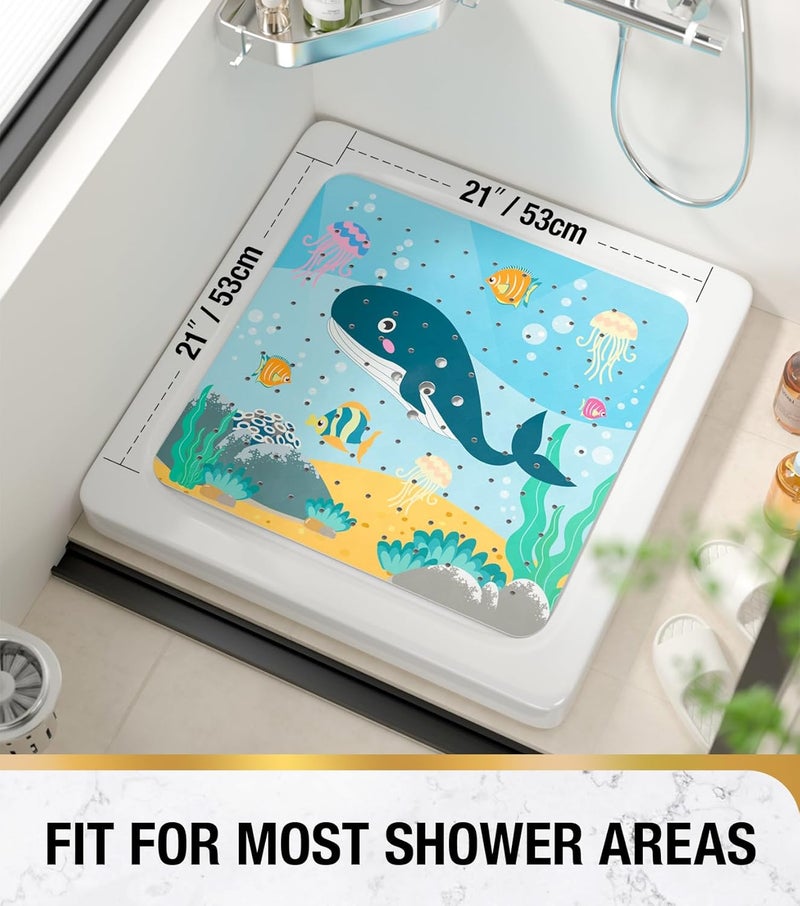 HITSLAM Square Shower Stall Mat Anti Slip, Quick Dry 21x21 Inch Bathtub Floor Mat for Kids with Suction Cups and Drainage Holes, Machine Wash, Soft on Feet, Whale - Image 2